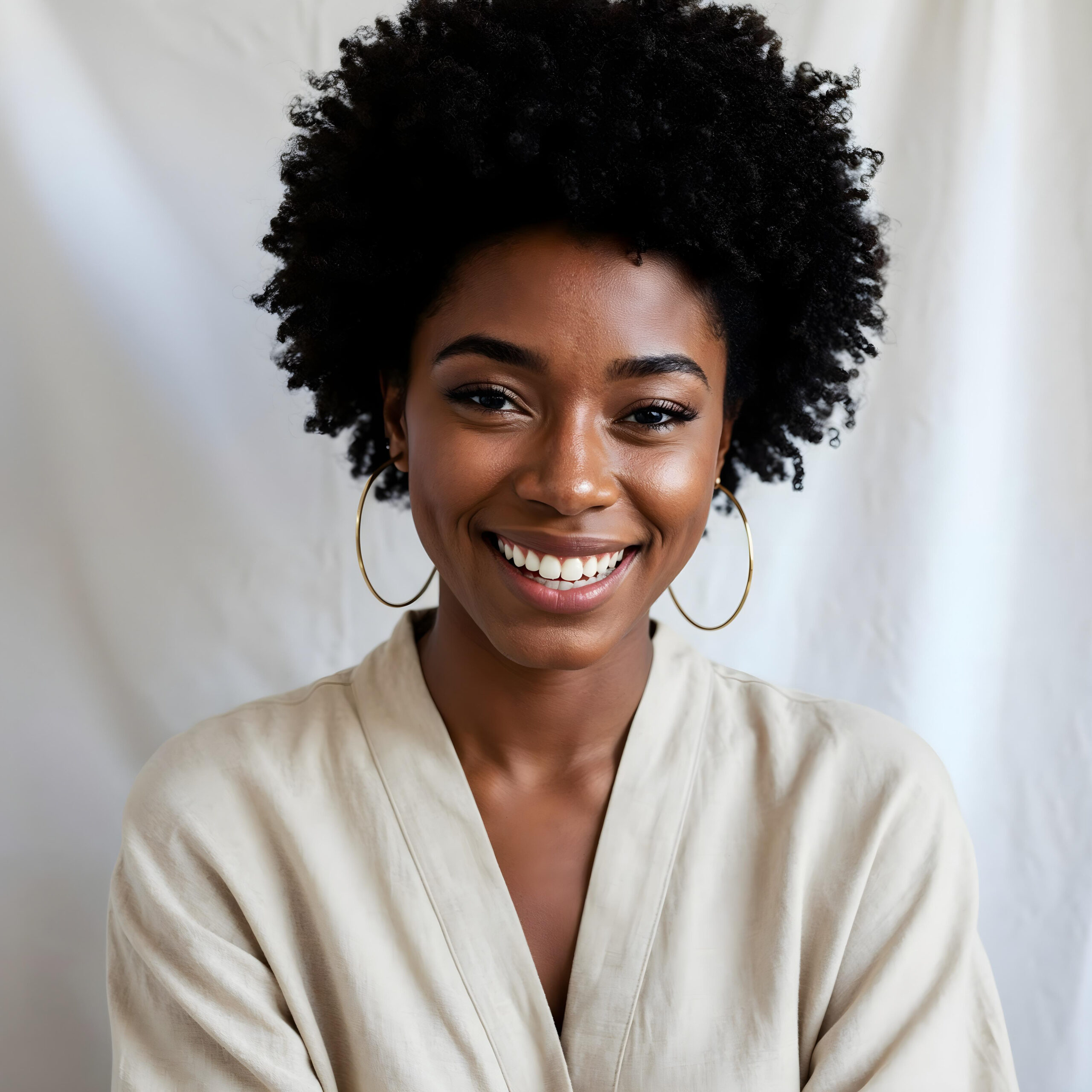 smiling black woman with curly hair hoop earrings scaled